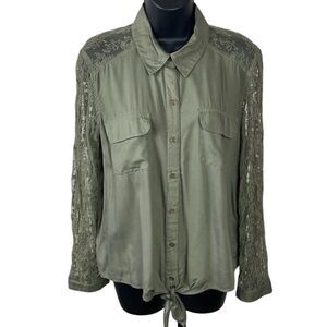 Olive Green Button Tie Front Lace Sleeve & Shoulders Blouse